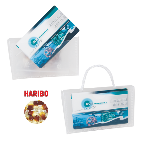 Mini Tasche Visitenkarte transparent, gefüllt mit Haribo Colafläschchen
