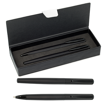 RANI Schreibset mit schlanker Kugelschreiber matt-schwarz und Rollerball Peekay in Geschenkbox, schw