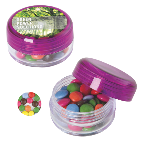 Runde Kunststoffdose mit farbigem Deckel gefüllt mit ca. 12 gr. Schokolinsen